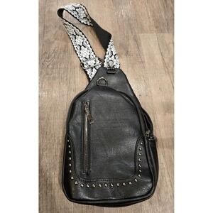 Sam & Hadley Guitar‎ Strap Sling Bag Black 4 Pockets Stud Embellishment Moto
